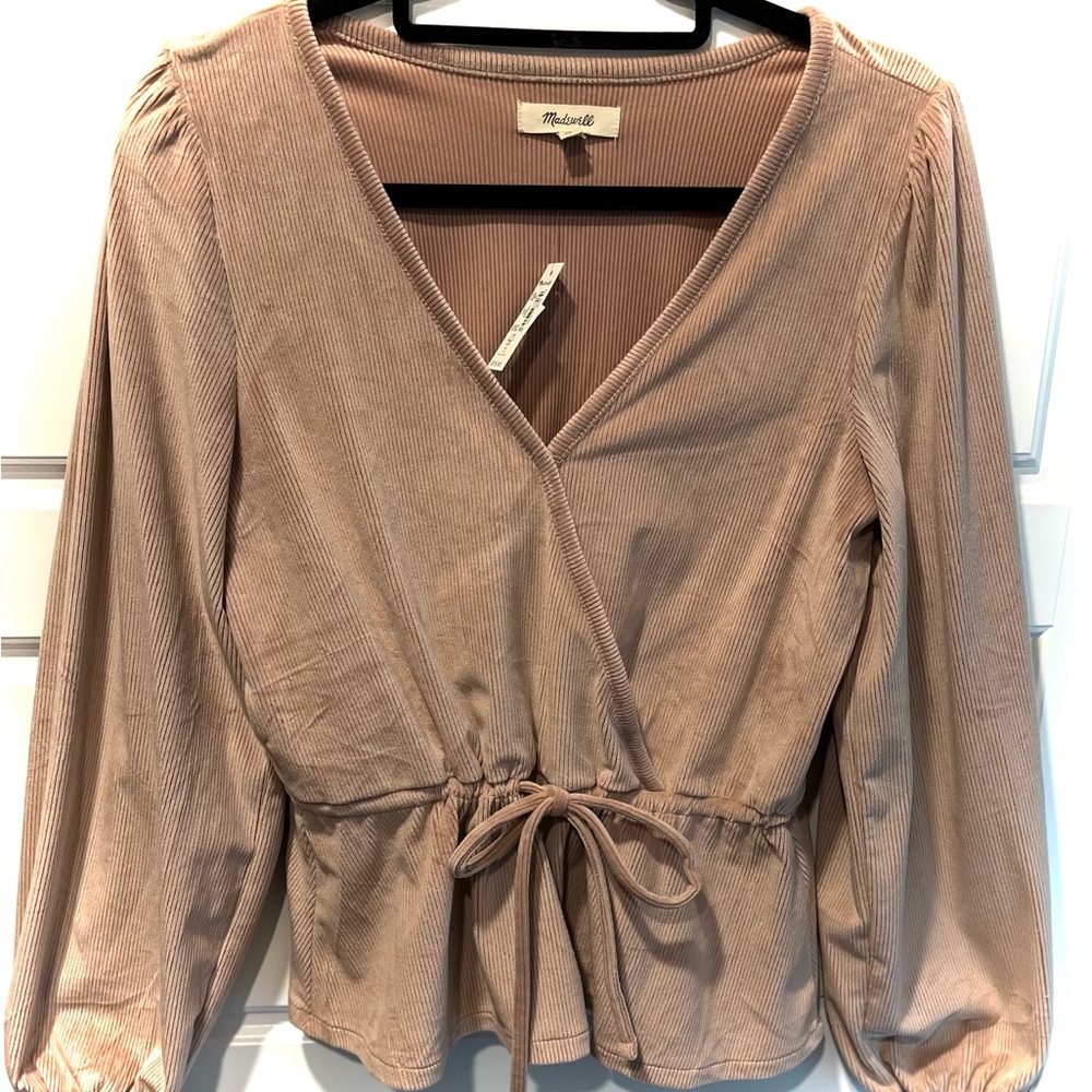 New w Tags Attached Blouse Top Long Sleeve V-neck Corduroy Type Fabric Blush